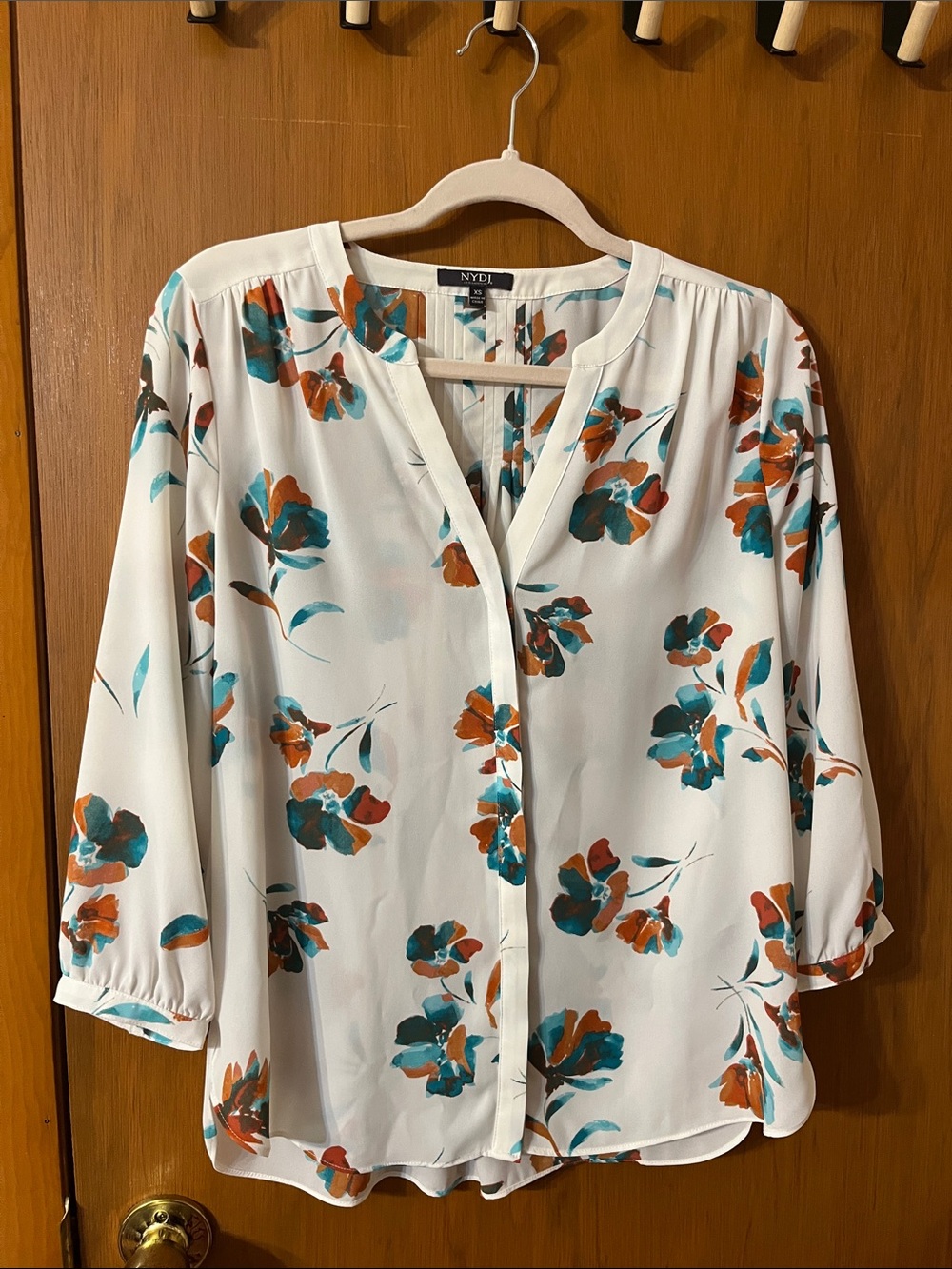 NYDJ Pintuck Blouse Turquoise & Copper Floral